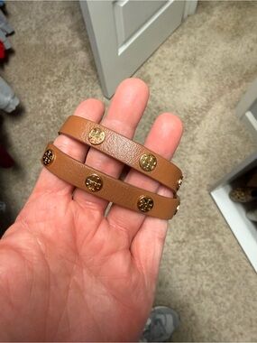 Tan Tory Burch Leather Double-Wrap Bracelet with Gold Logo Studs